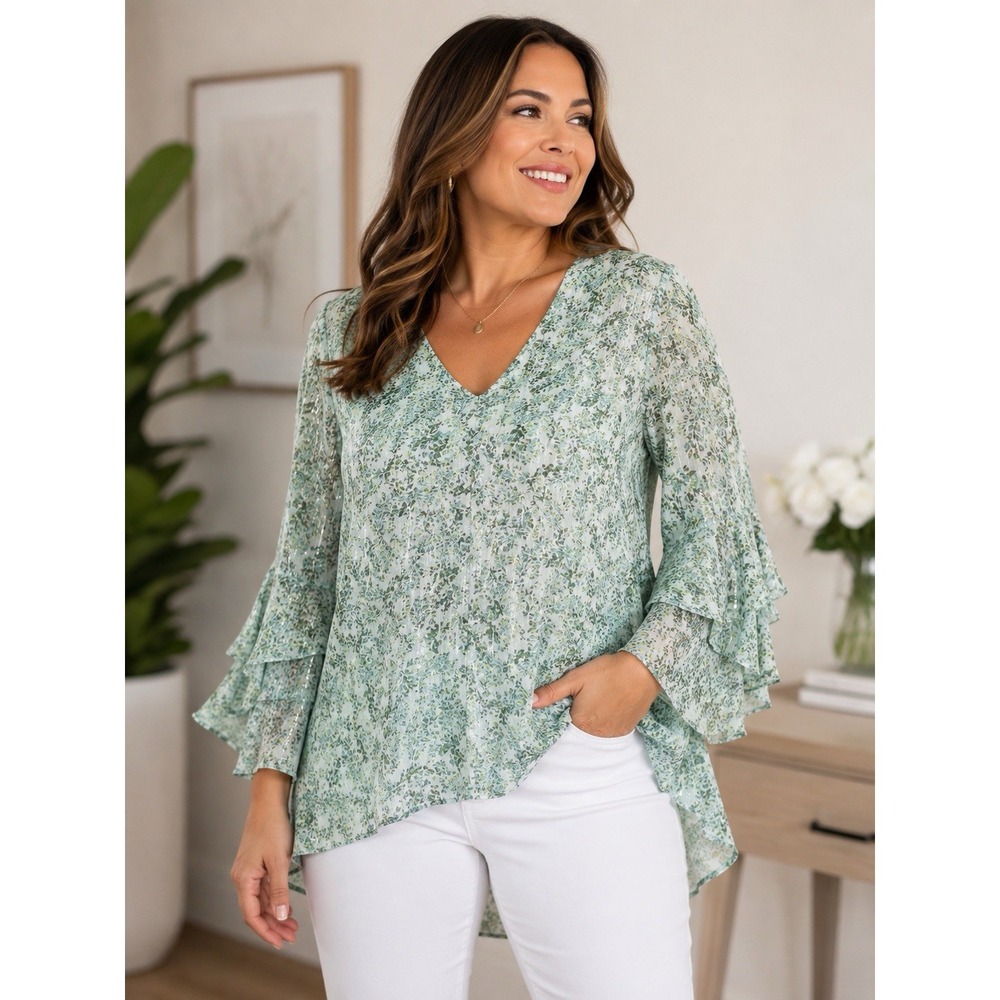 Vince Camuto Women M Green Floral Metallic Lurex Bell Sleeve Blouse V Neck